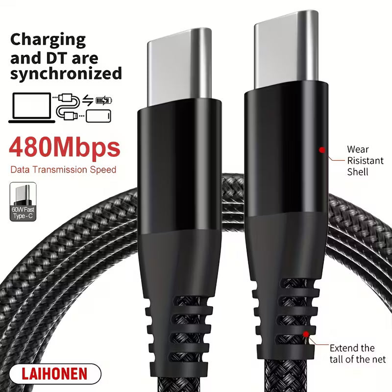 Type-C to Type-C 60W, 3 Amp Fast Charging Cable – Nylon Braided