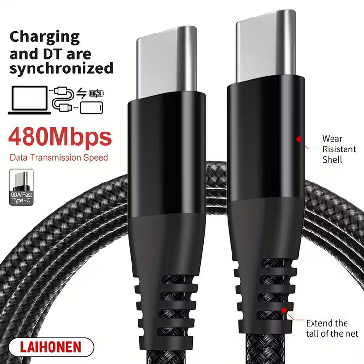 Type-C to Type-C 60W, 3 Amp Fast Charging Cable – Nylon Braided