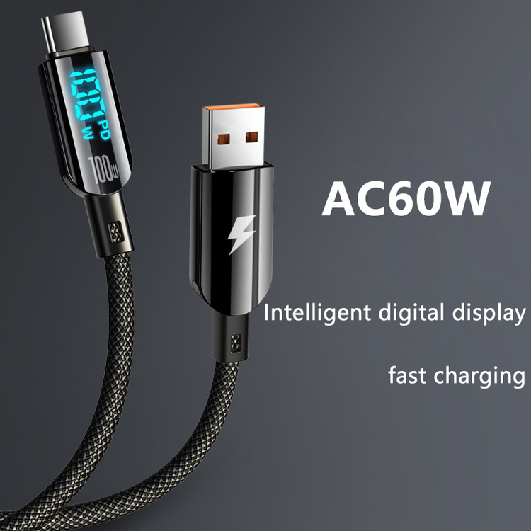 100W / 60W Fast Charging Nylon Braided PD Cable with LED Display –1.2M