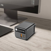 65W GaN Wall Charger with Retractable Cable – Dual USB-A