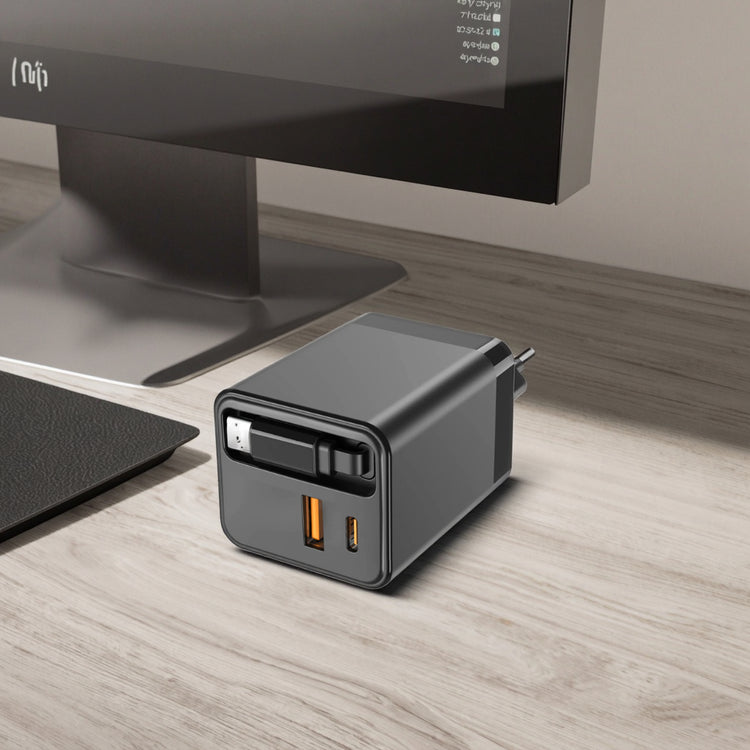 65W GaN Wall Charger with Retractable Cable – Dual USB-A