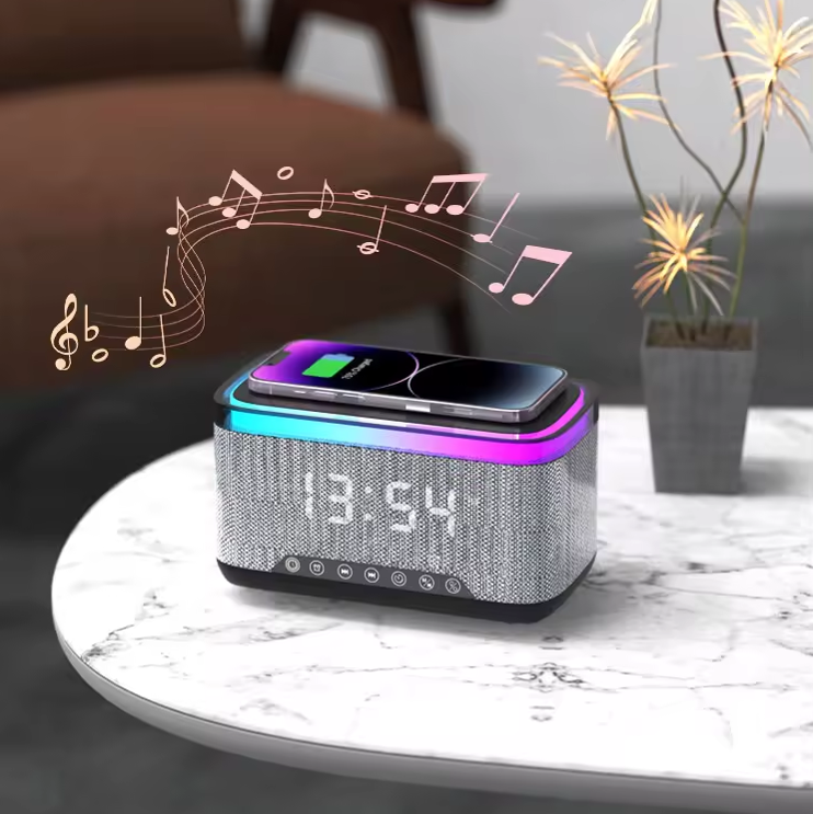 Wireless Fast Charger with Bluetooth Speaker, Smart Alarm