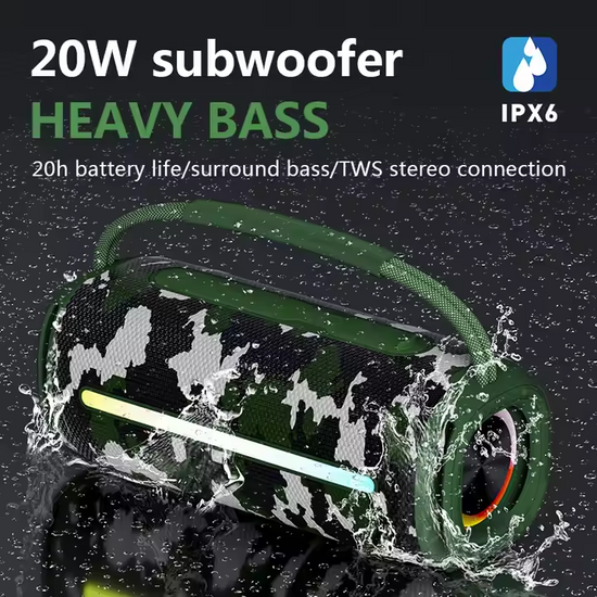 Portable TWS Wireless Bluetooth Speaker – 20W Stereo Sound, IPX6 Waterproof, RGB LED Light
