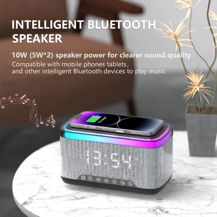 Wireless Fast Charger with Bluetooth Speaker, Smart Alarm