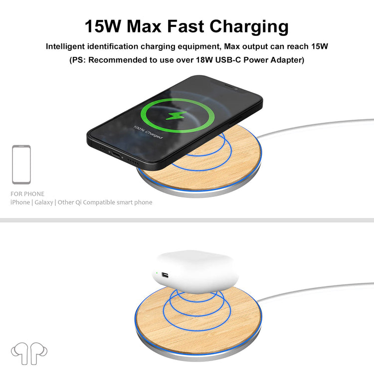 Eco-Friendly Wooden Wireless Charger Pad – 15W Fast Charging