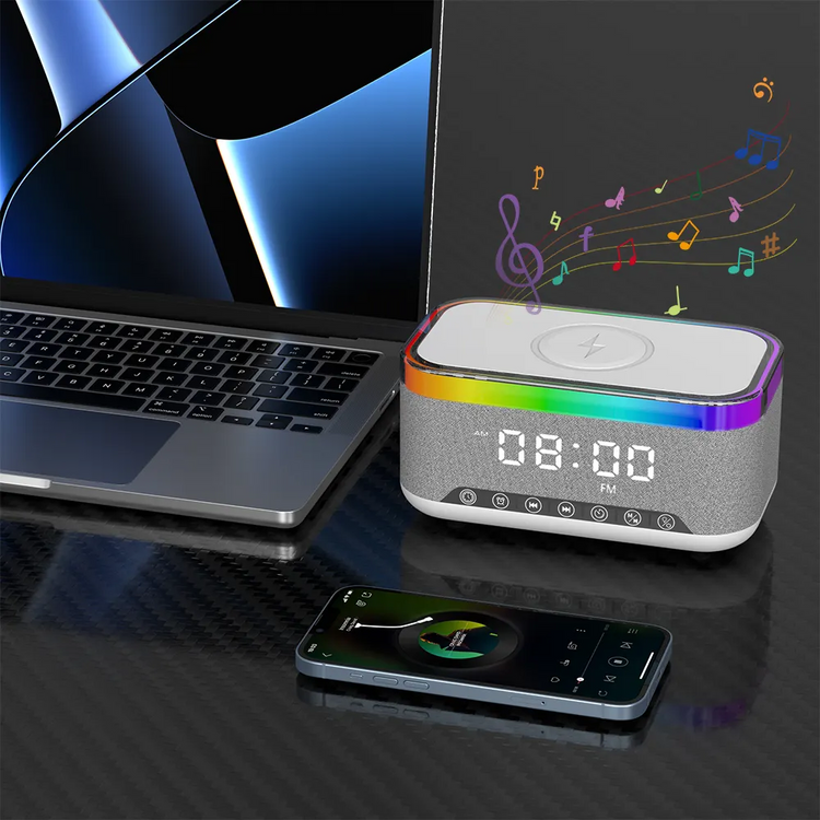 Wireless Fast Charger with Bluetooth Speaker, Smart Alarm
