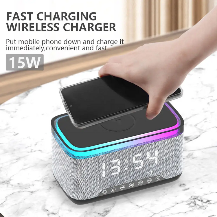 Wireless Fast Charger with Bluetooth Speaker, Smart Alarm