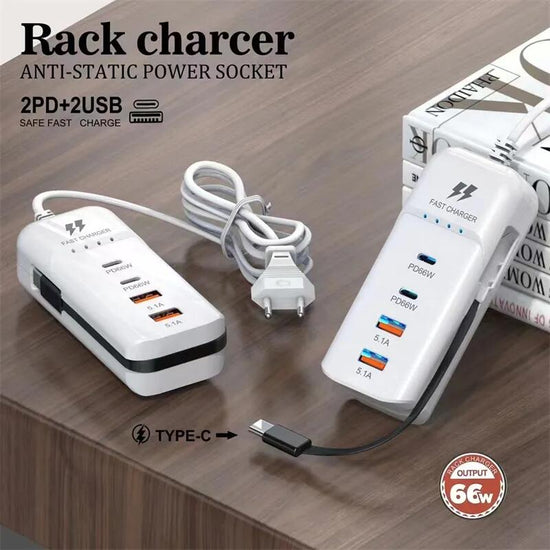 Rack Charger – 4-Way USB Port Extender Desktop Charger  2x USB-A Ports/2x USB-C Port