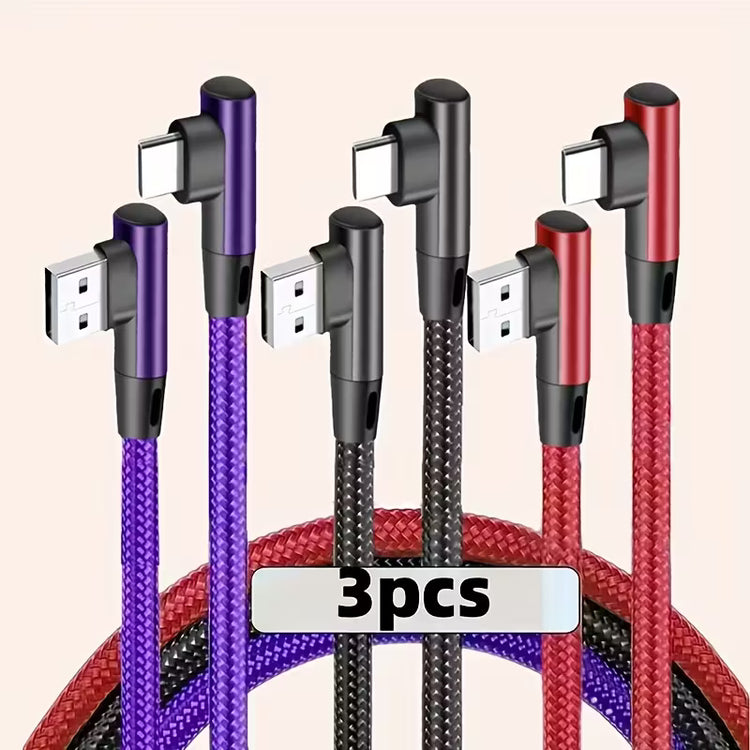 Type C Charger with Right Angle USB C Cable - Braided USBC 3 Pack 3 m